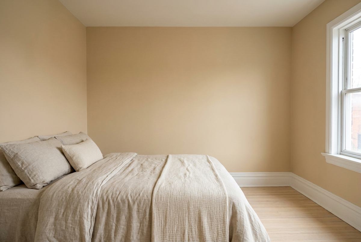 Chambre aux murs beige sable, boiseries blanches