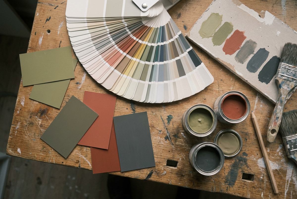 Éventail de couleurs, cartes de couleurs et petits pots d’essai sur un établi