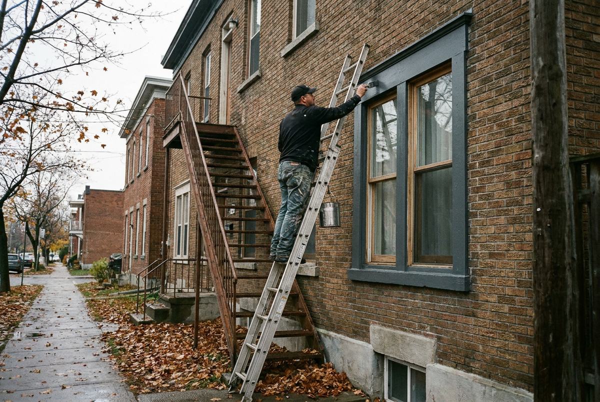 Peintre sur une échelle qui peint les cadres de fenêtre d’un triplex en brique à Hull