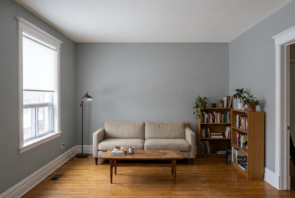 Salon aux murs gris froid