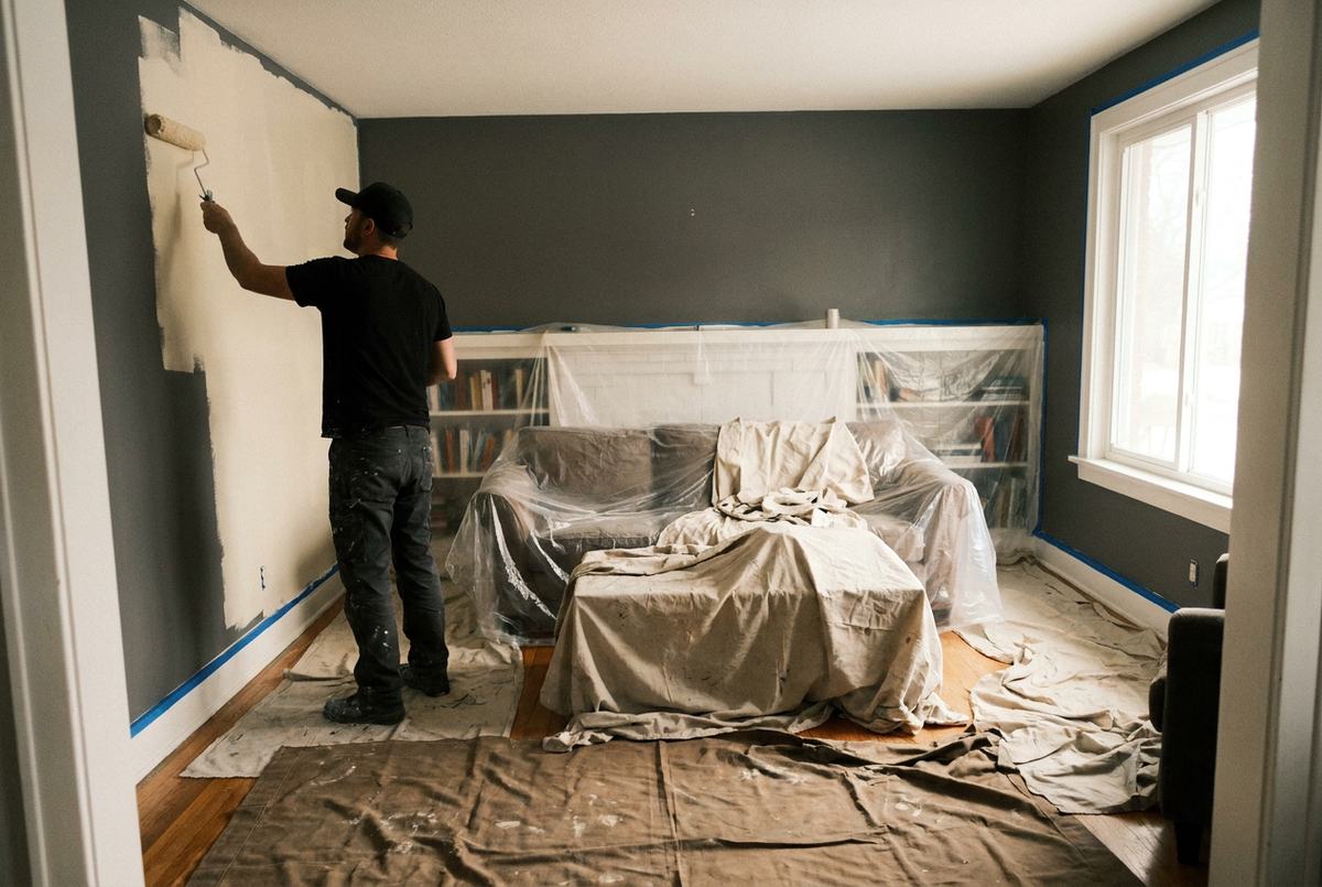 Peintre qui roule un mur dans un salon dont les meubles sont couverts de toile