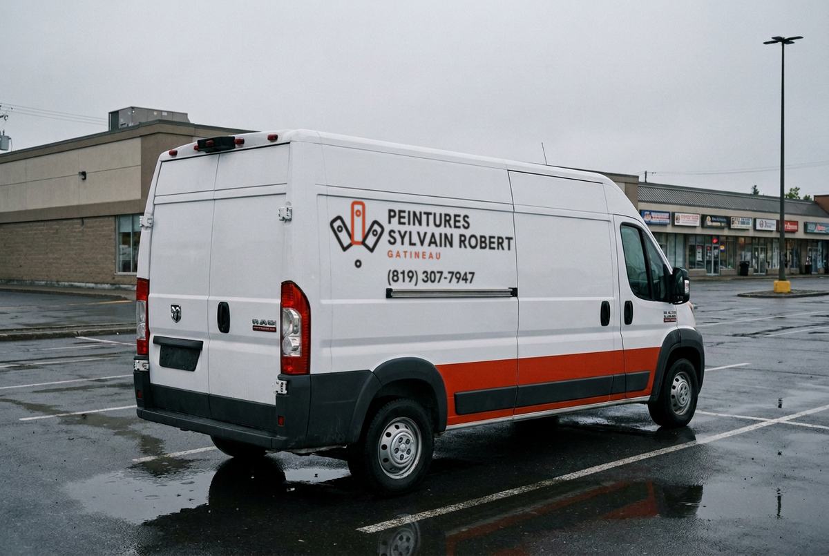 Fourgonnette blanche de l’entreprise dans le stationnement d’un petit centre commercial, avec le logo et le numéro de téléphone